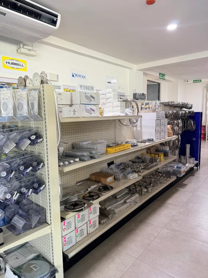Marine parts and equipment displayed on shelves in store