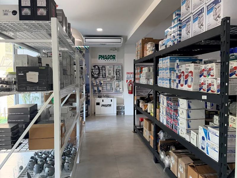 Marine supply store interior in Herradura with organized equipment and parts