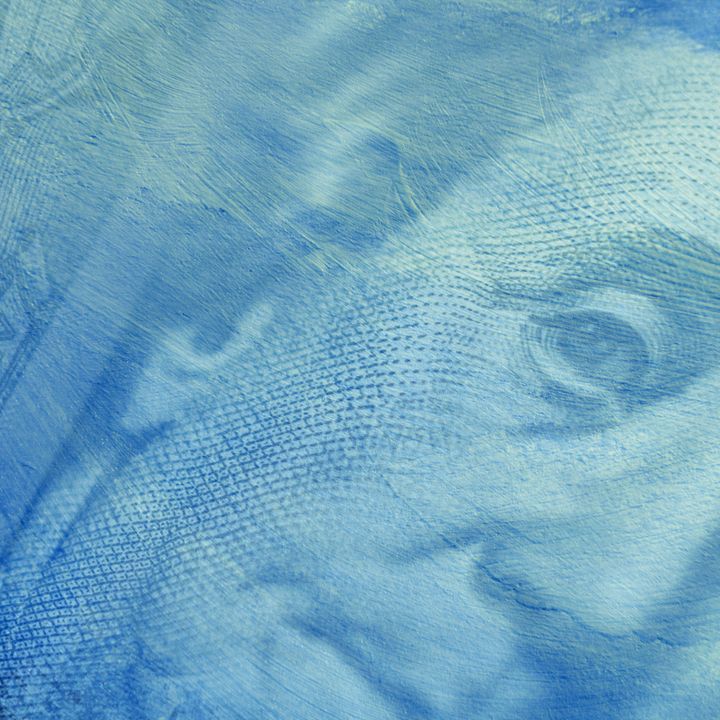 A close crop of a banknote, tinted blue, the portrait and engraving almost lost in the texture.