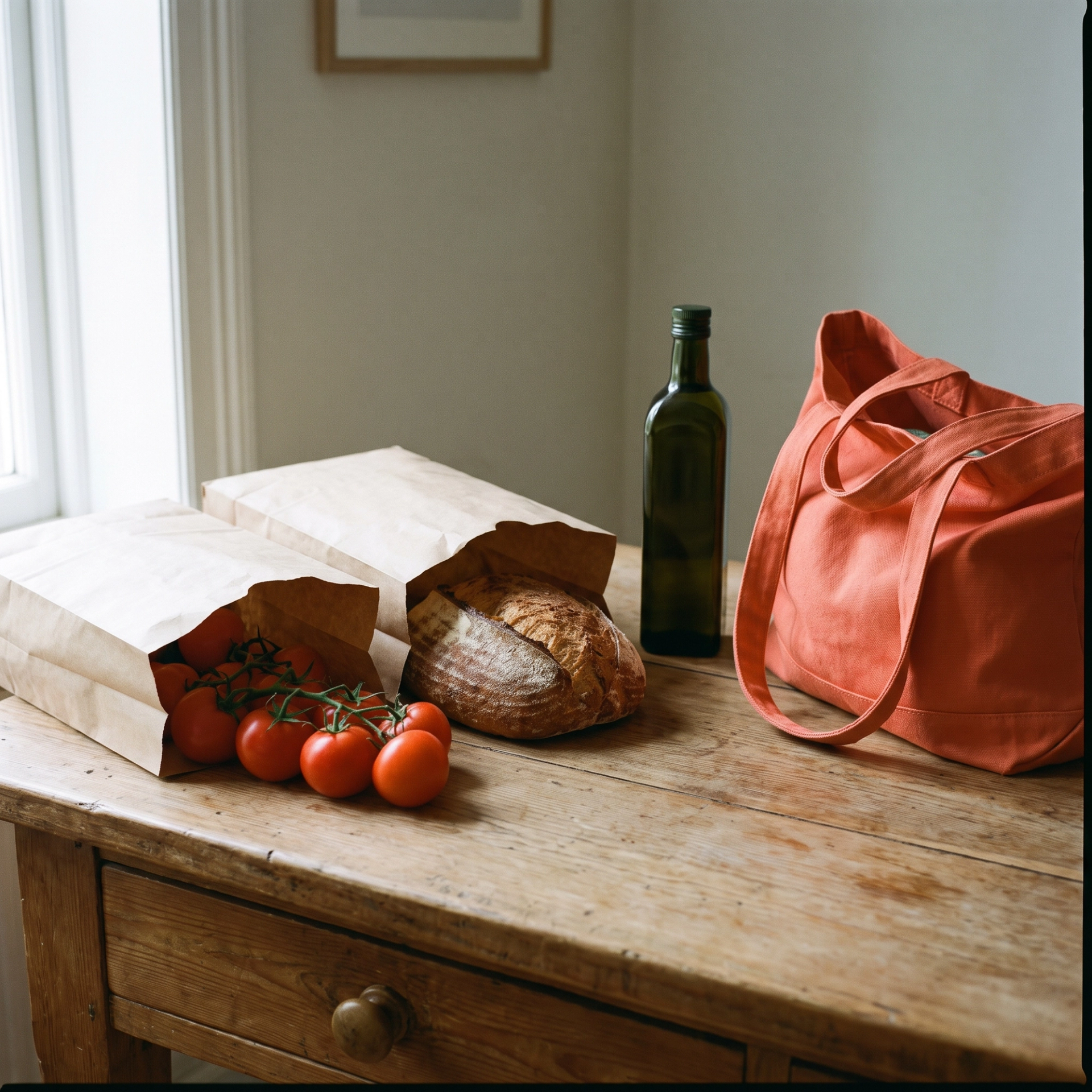 Kraft grocery bags, vine tomatoes, bread and a coral tote on a wooden kitchen counter after the shop.