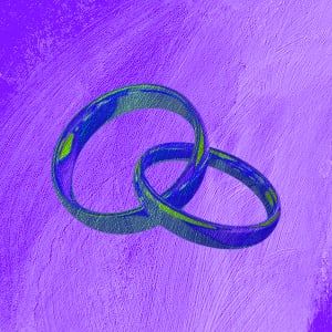 Two interlocked wedding rings sketched over a violet painted background.