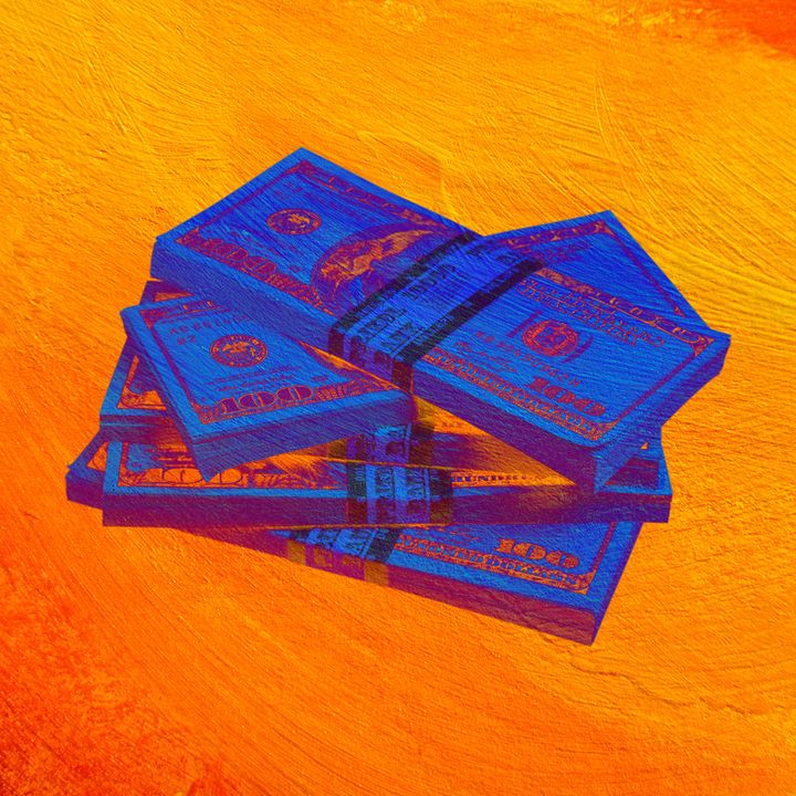 Stacked bundles of banknotes on a painted orange background, tinted deep blue.