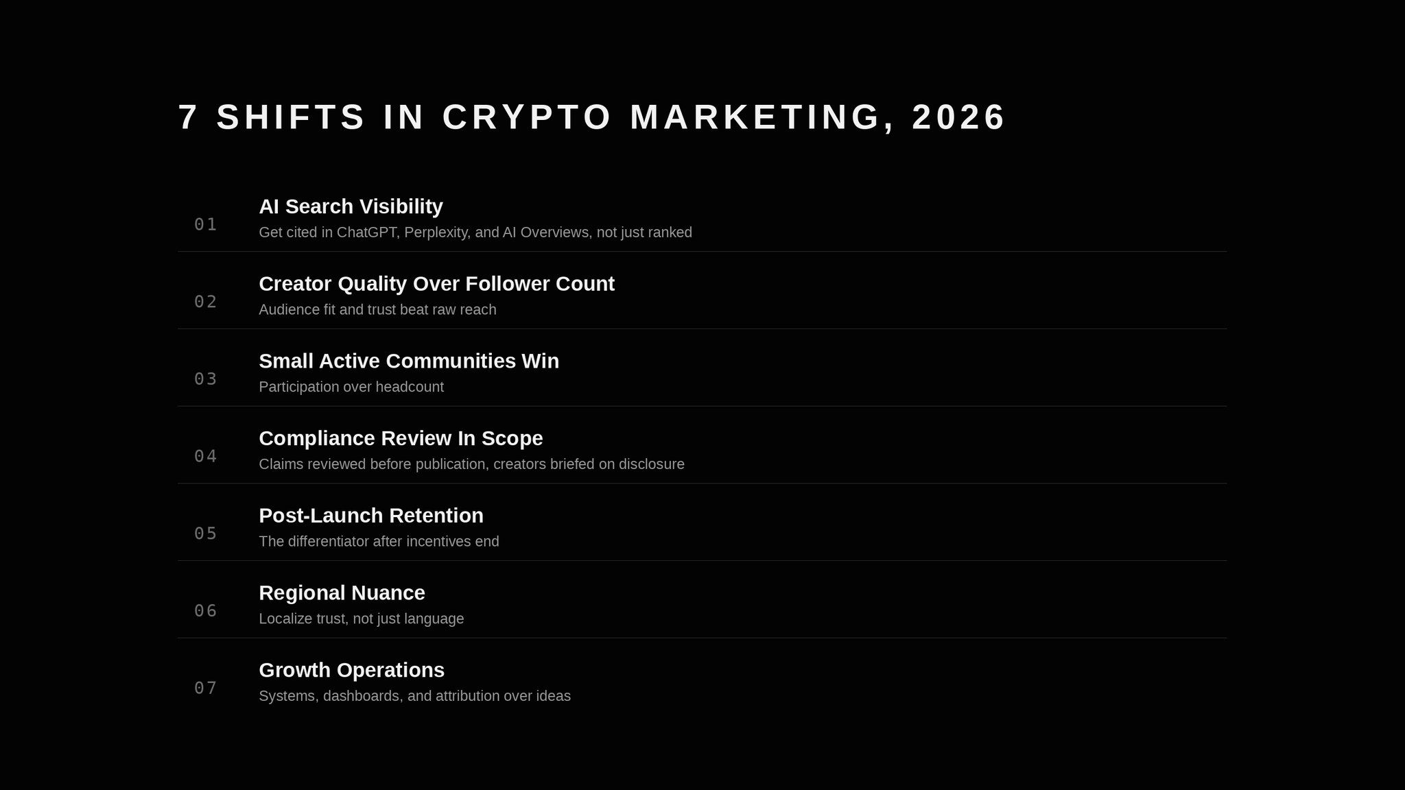 7 shifts in crypto marketing for 2026: AI search, creator quality, community, compliance, retention, regional nuance, and growth operations.