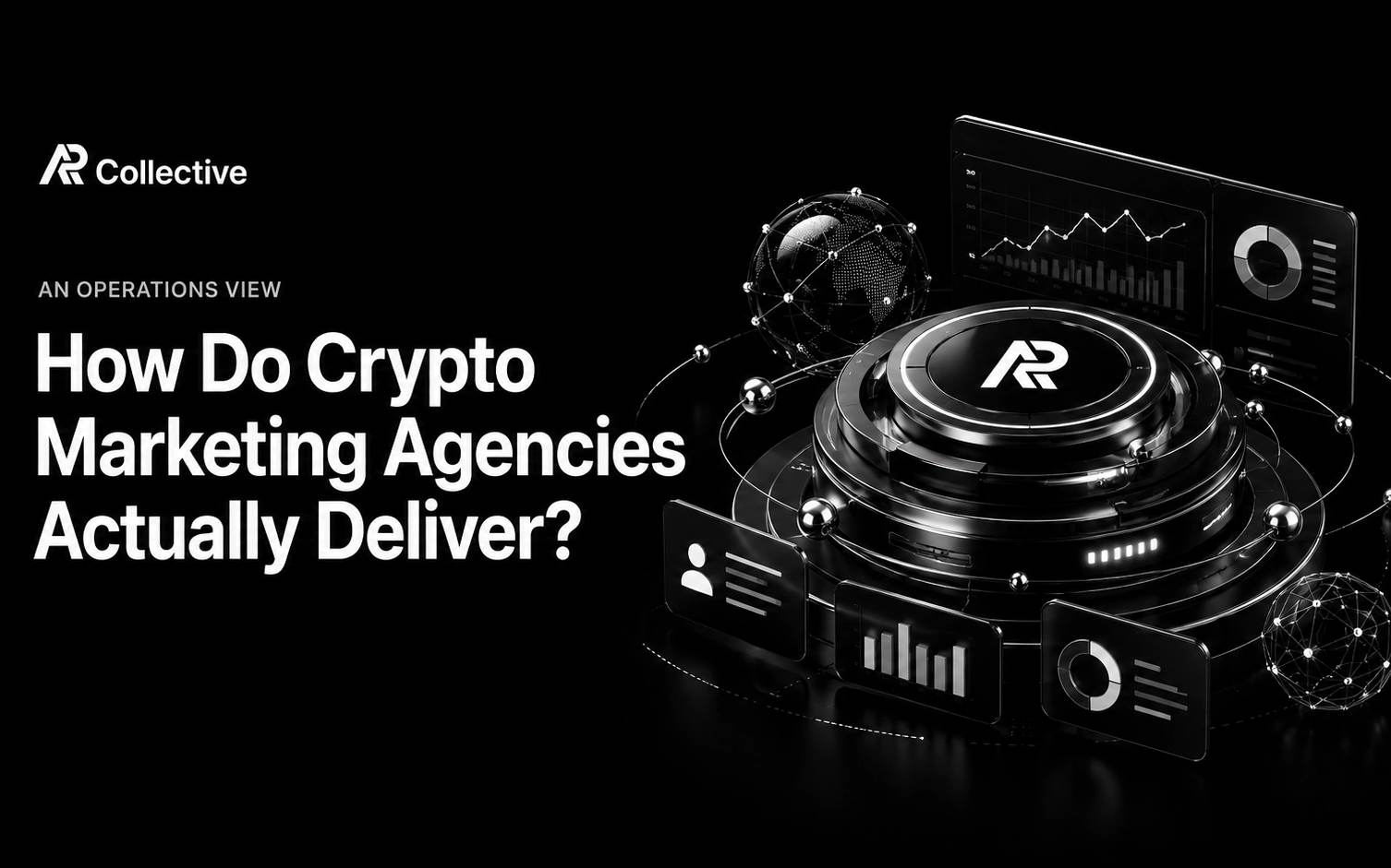 Crypto marketing agency operations visual with connected nodes and performance charts.