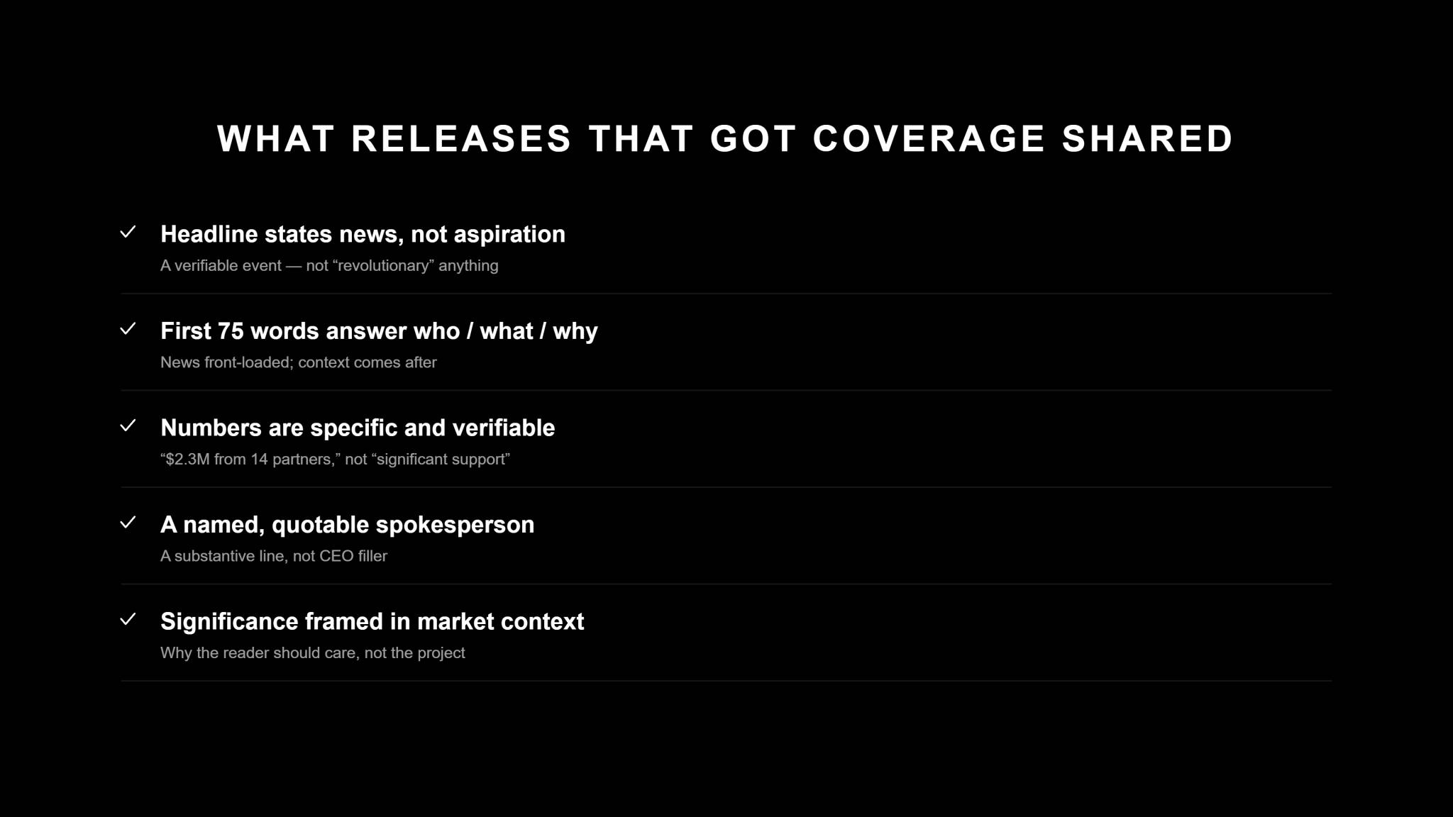 Black checklist graphic titled "What Releases That Got Coverage Shared," listing five elements with checkmarks: headline states news, not aspiration (a verifiable event, not "revolutionary" anything); first 75 words answer who/what/why, quotable spokesperson and significance framed in market context