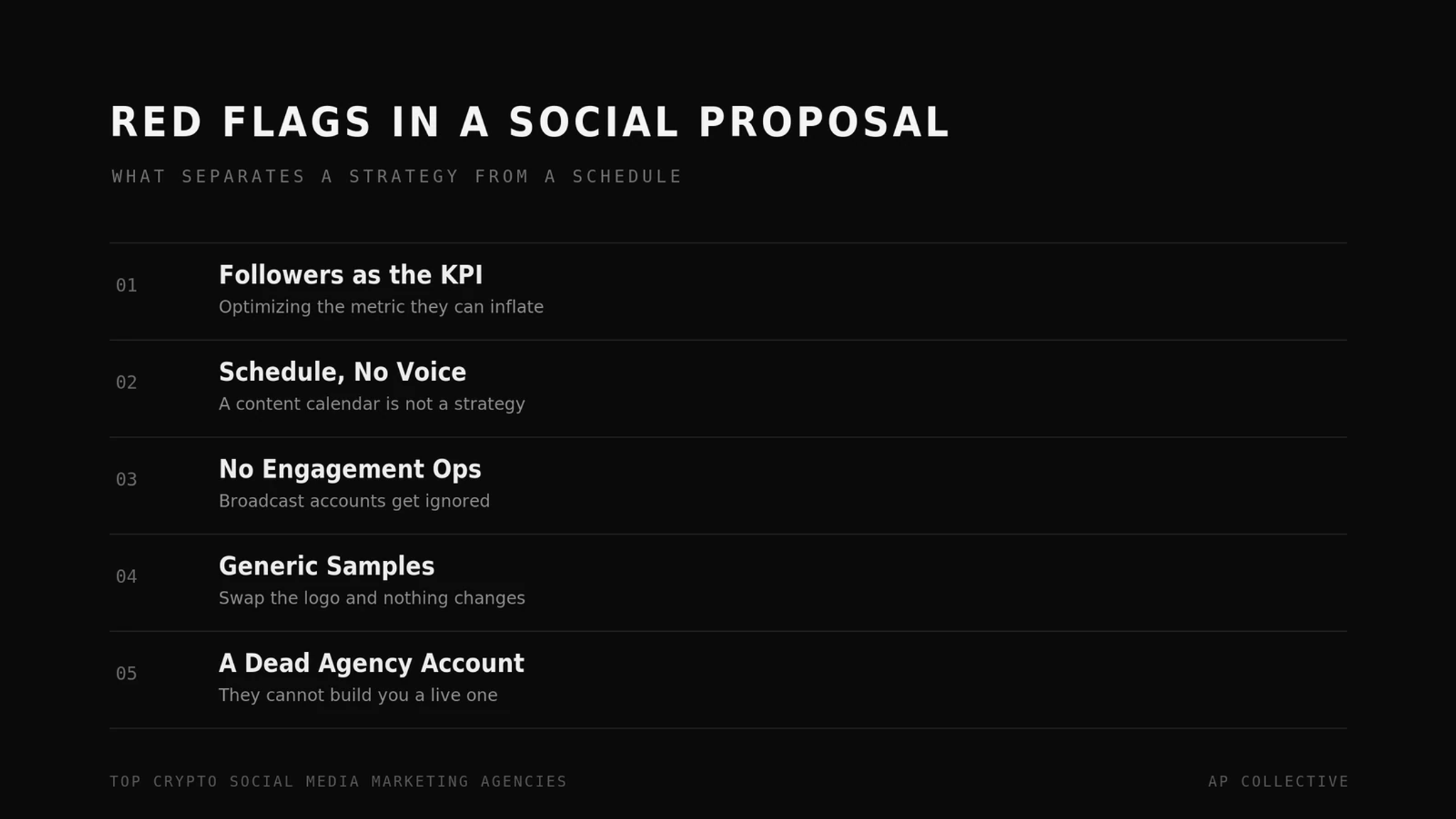 Red flags in a crypto social agency proposal, from vanity KPIs to a dead agency account