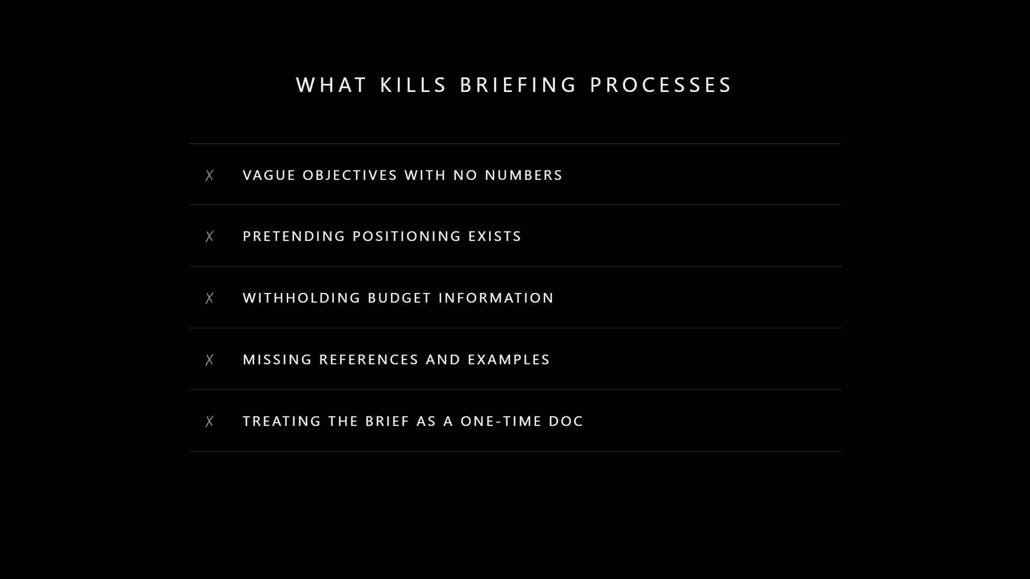 Common mistakes that kill crypto marketing briefing processes including vague objectives without numbers, pretending positioning exists, withholding budget information, missing references, and treating the brief as a one-time document