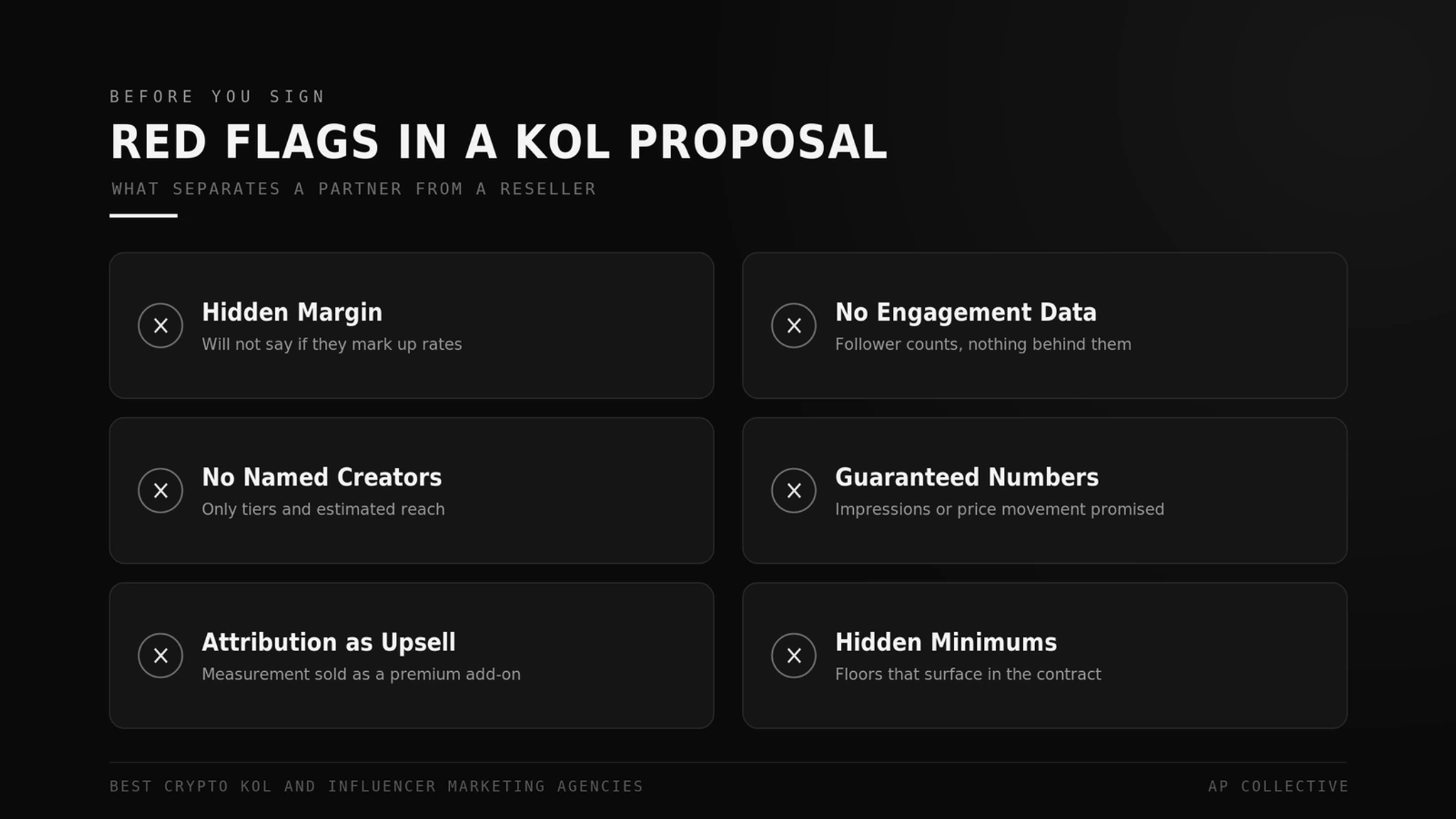Red flags in a crypto KOL agency proposal: hidden margin, no engagement data, no named creators, guaranteed numbers, attribution upsell, hidden minimums