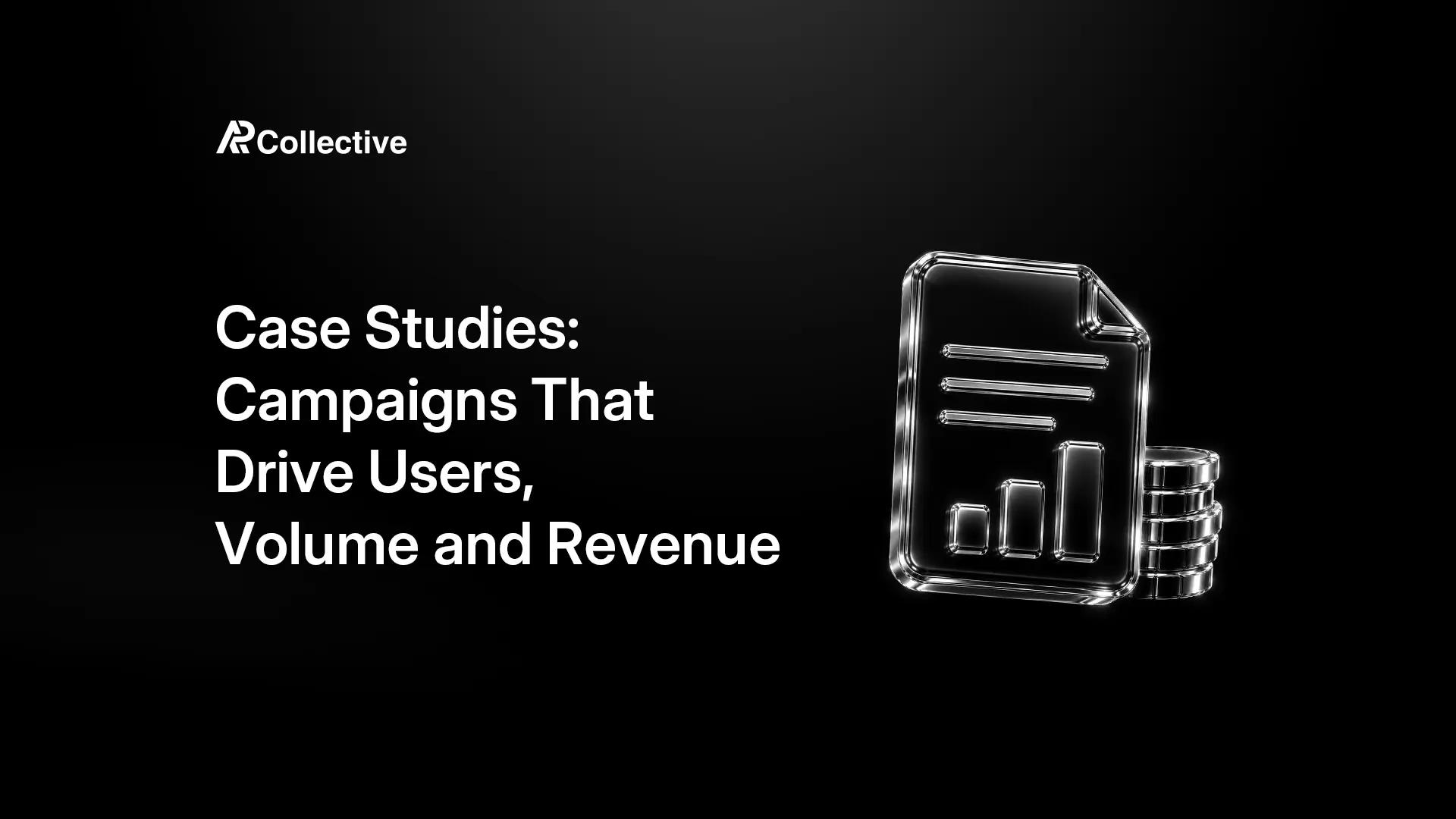 Crypto marketing case studies showing users, volume, and revenue outcomes