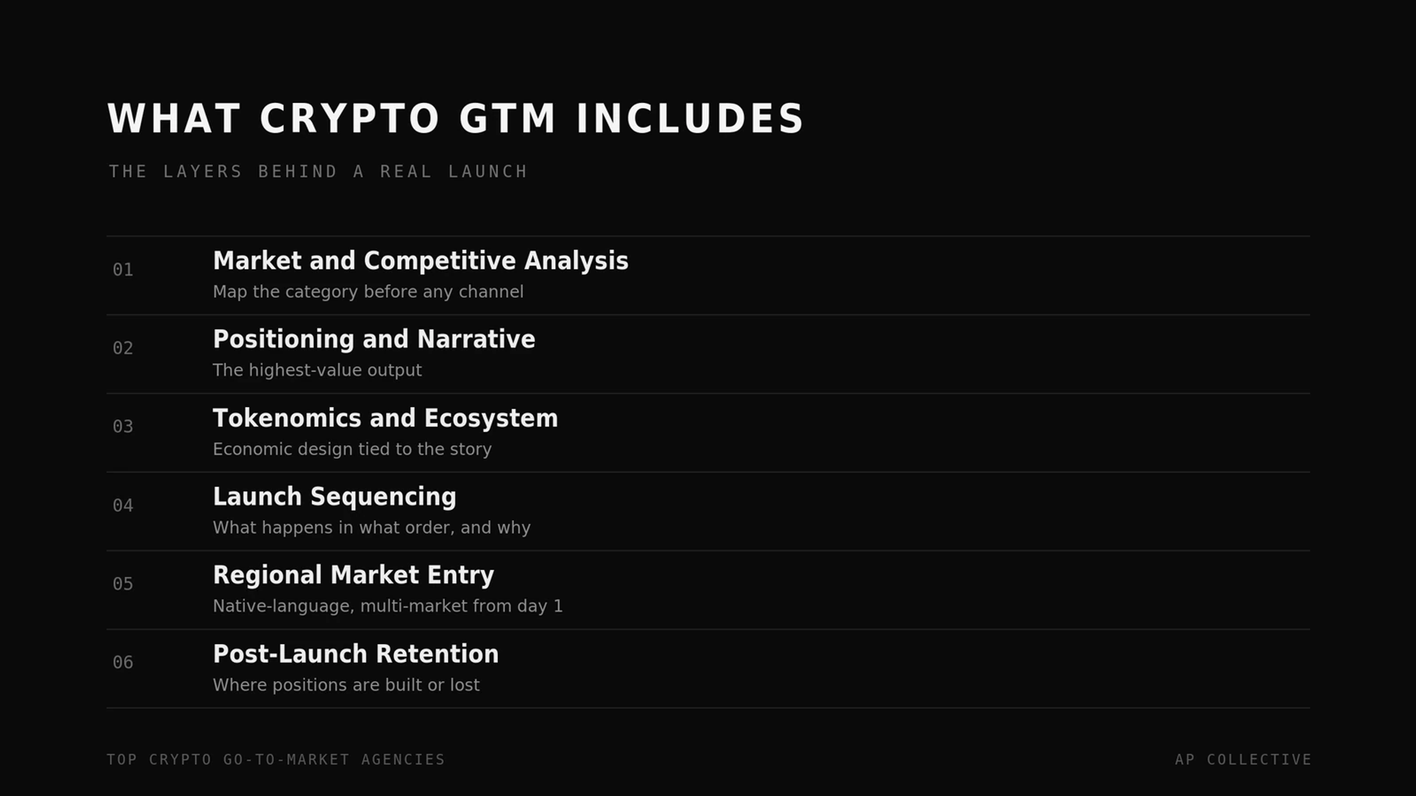 What crypto go-to-market includes: analysis, positioning, tokenomics, launch sequencing, regional entry, retention