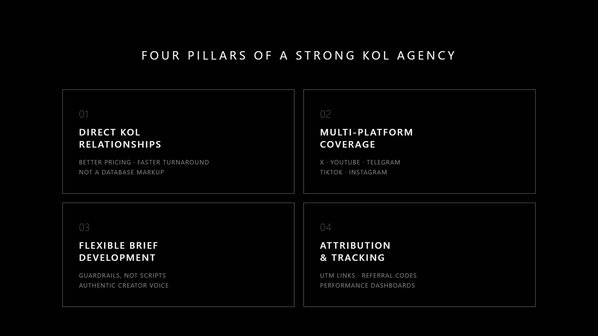 Four pillars of a strong crypto KOL marketing agency: direct KOL relationships, multi-platform coverage across X YouTube Telegram TikTok and Instagram, flexible brief development, and attribution with tracking