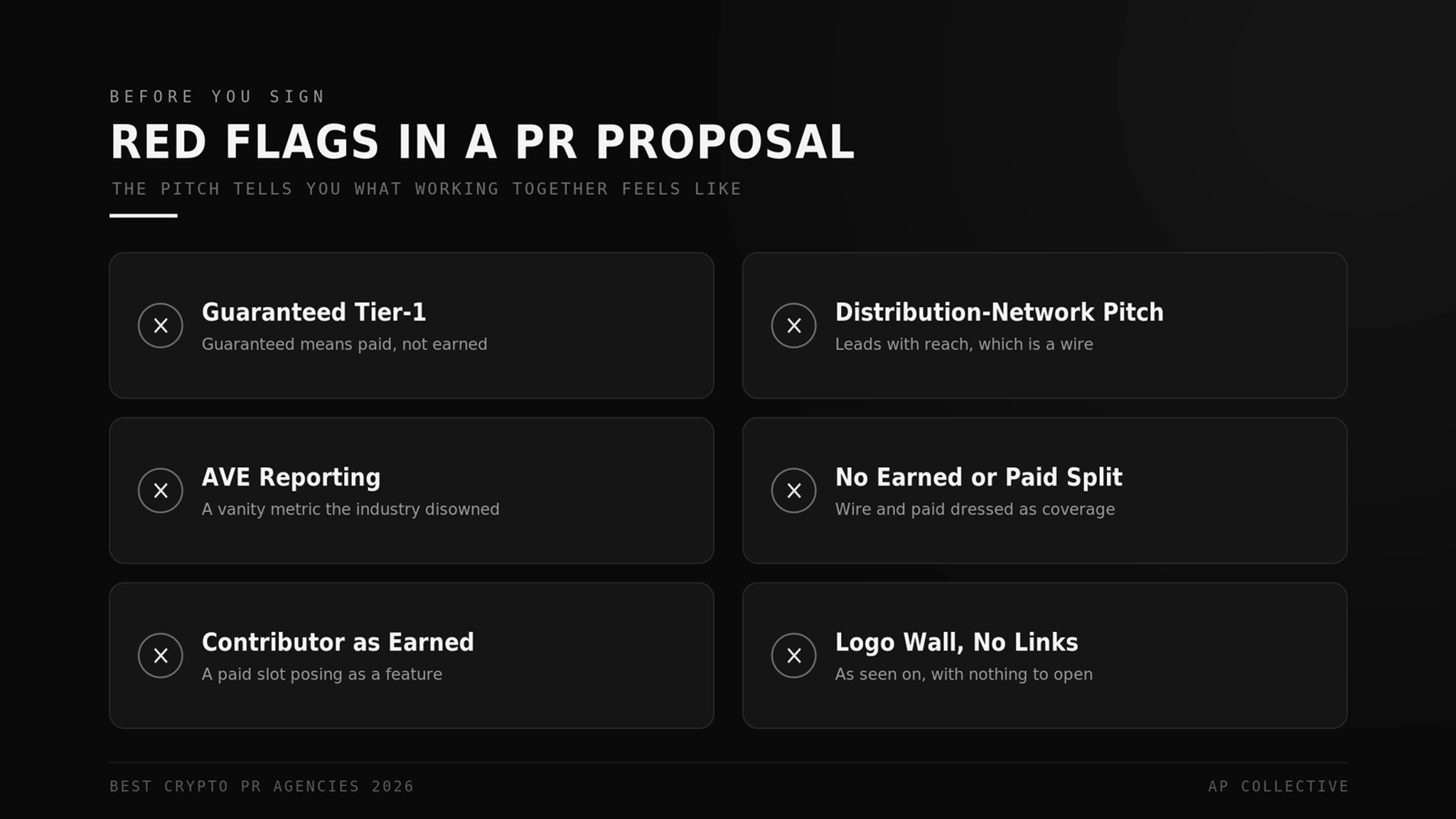 6 red flags in a crypto PR proposal, from guaranteed tier-1 coverage to AVE reporting