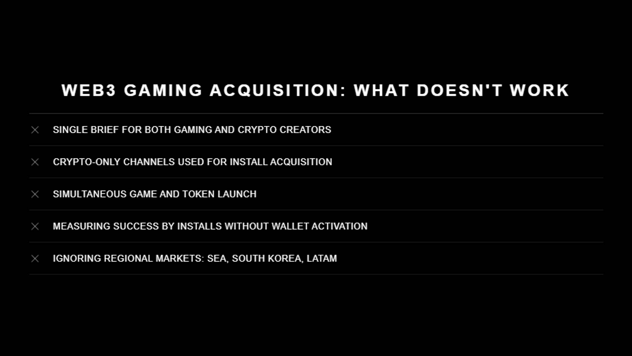 Black graphic titled "Web3 Gaming Acquisition: What Doesn't Work" listing five anti-patterns, each marked with an X: single brief for both gaming and crypto creators; crypto-only channels used for install acquisition; simultaneous game and token launch; measuring success by installs without wallet activation; and ignoring regional markets — SEA, South Korea, LATAM.