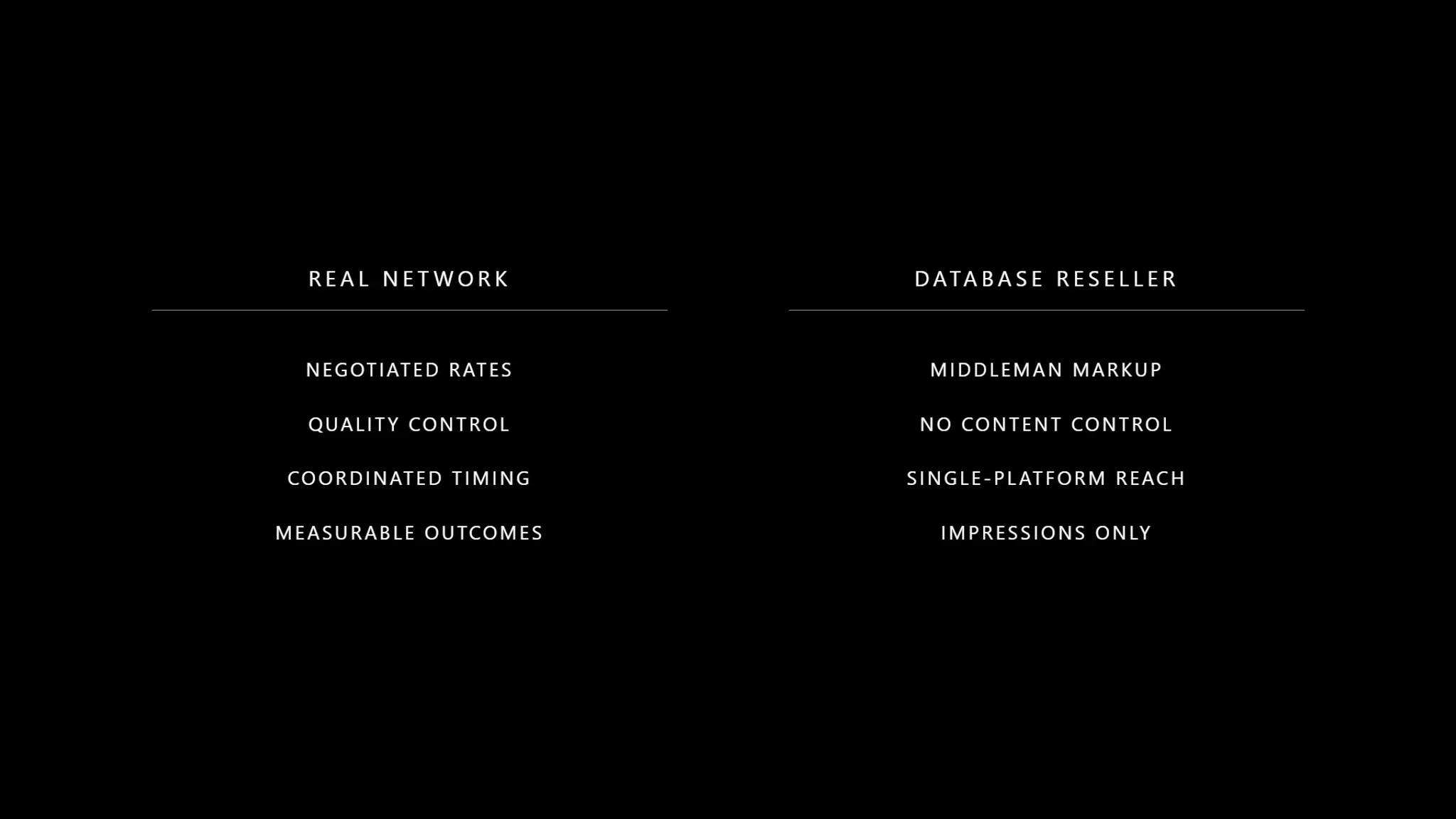 Comparison of a real KOL network versus a database reseller agency, contrasting negotiated rates, quality control, and measurable outcomes against middleman markup, no content control, and impressions-only reporting