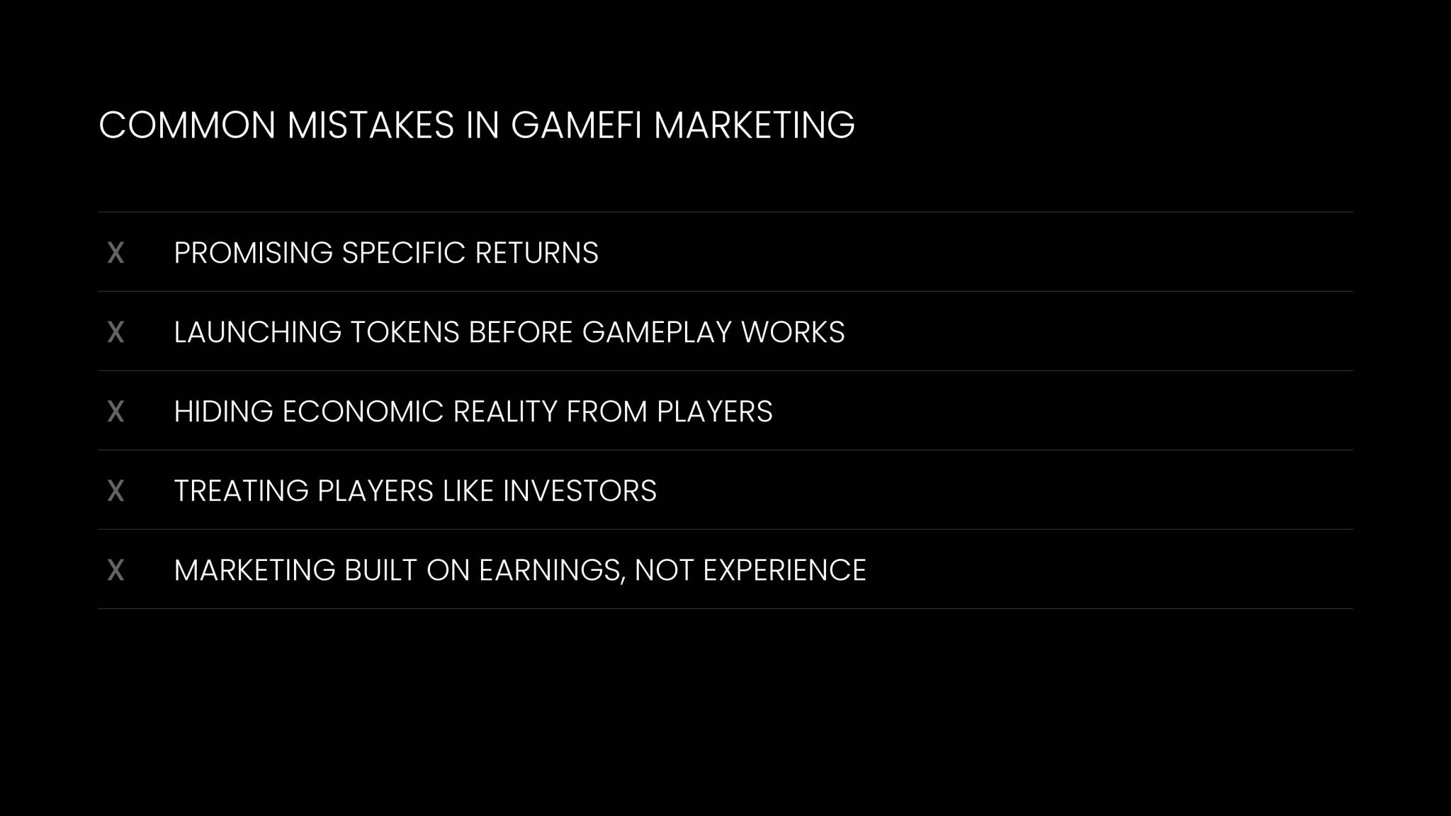 Five common mistakes in GameFi marketing, including promising returns and launching tokens before gameplay works.