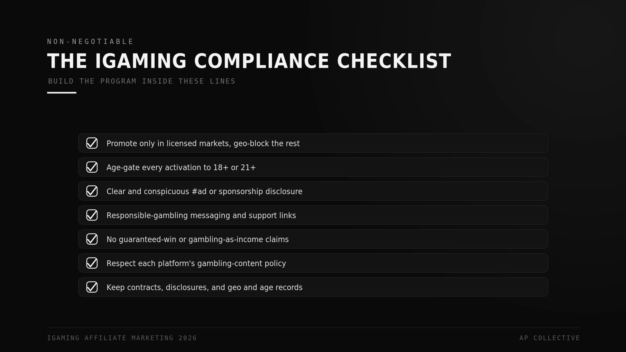 iGaming affiliate compliance checklist covering licensing, age-gating, disclosure, and responsible gambling