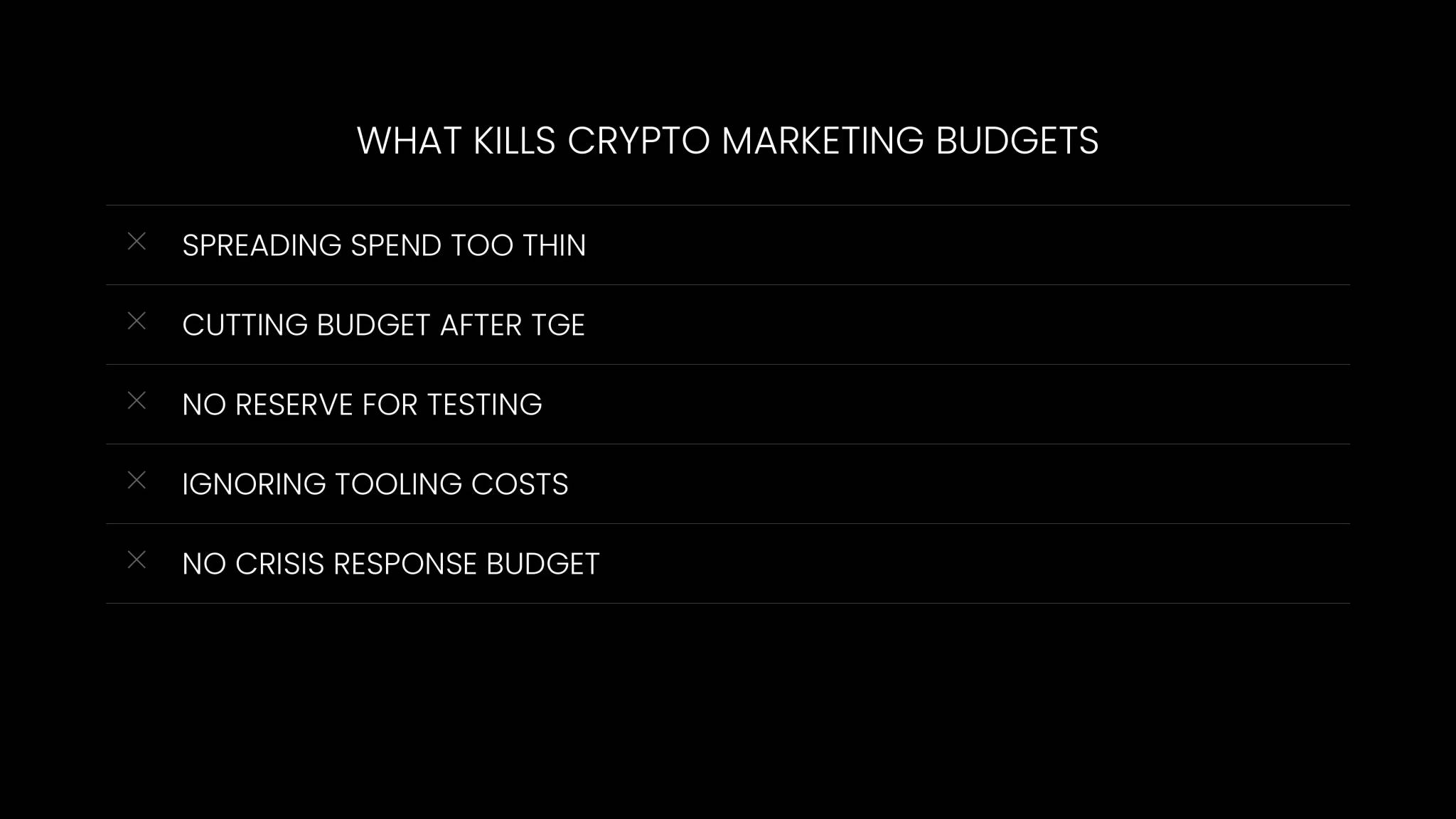 Five common budget mistakes that kill crypto marketing momentum, including cutting spend after TGE and ignoring tooling costs.