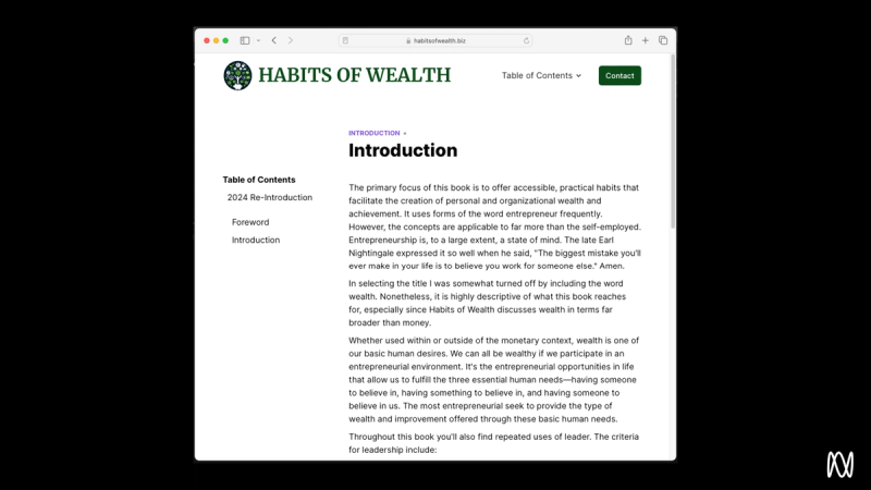 Example text content from a webpage titled Habits of Wealth