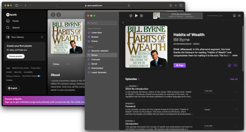 Spotify and Apple Podcasts displaying the Habits of Wealth podcast