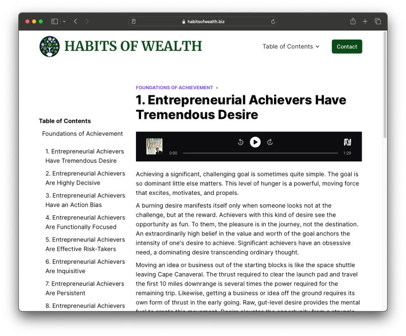 Habits of Wealth website with Audiofeed embed player