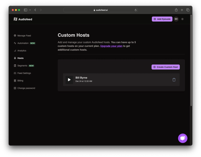 Audiofeed website with Custom Hosts voice cloning page displayed