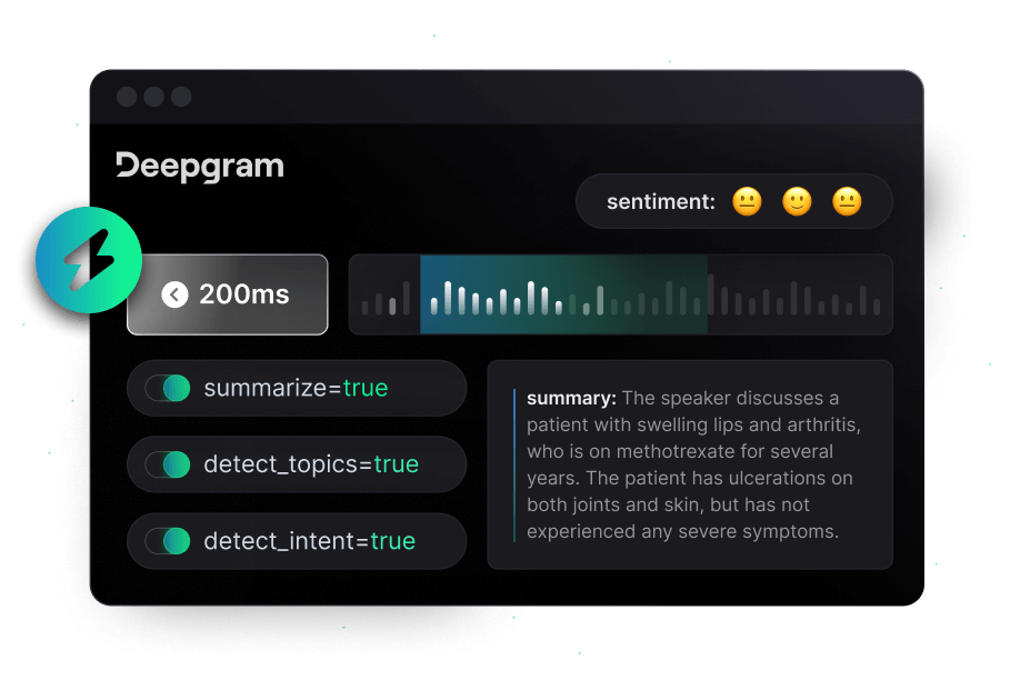 Image showcasing the deepgram transcription, with summary, tops to be detected and intent.