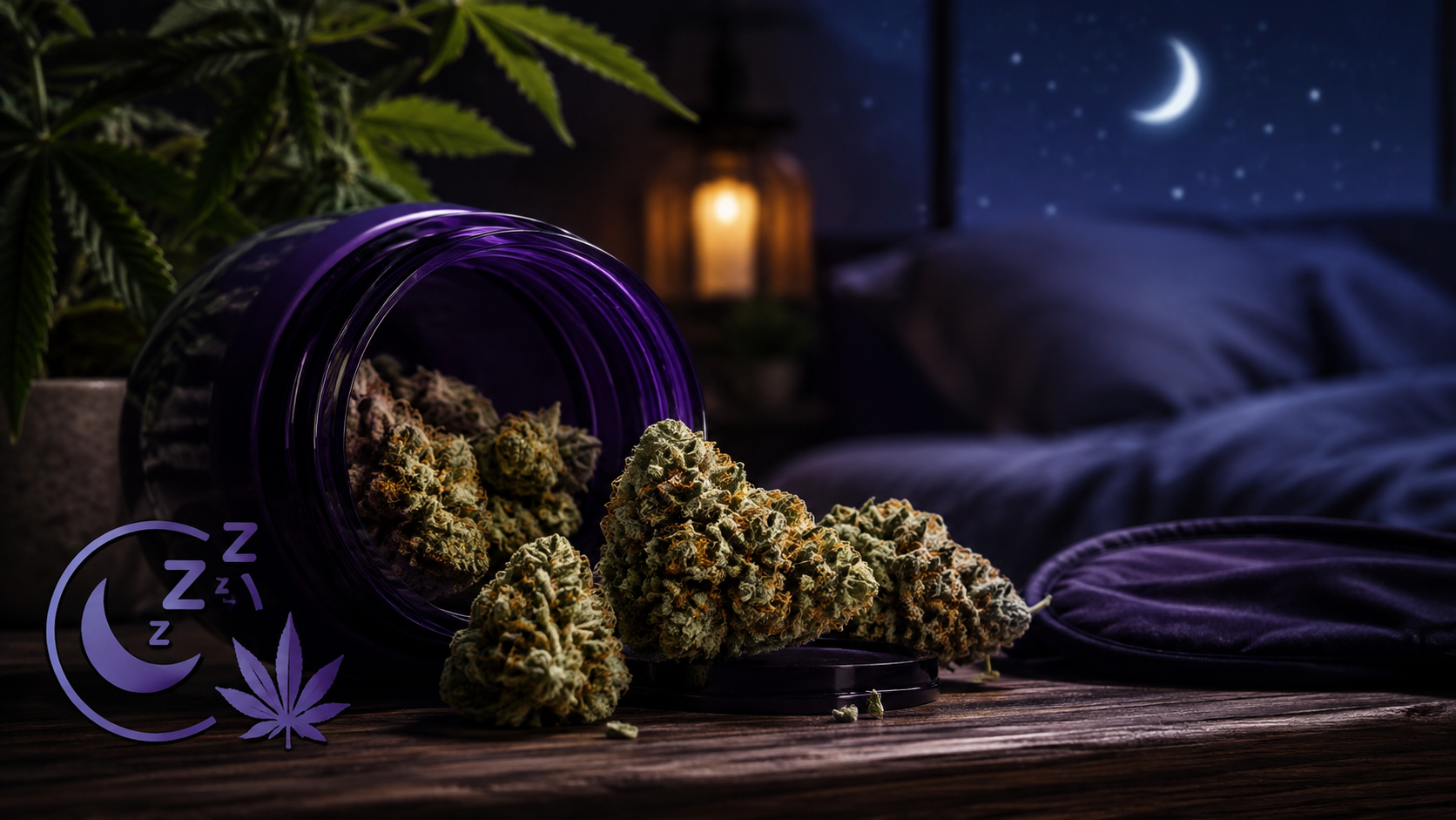 Cannabis indica strains arranged on a bedside table in a cozy nighttime setting, with a moonlit bedroom in the background.