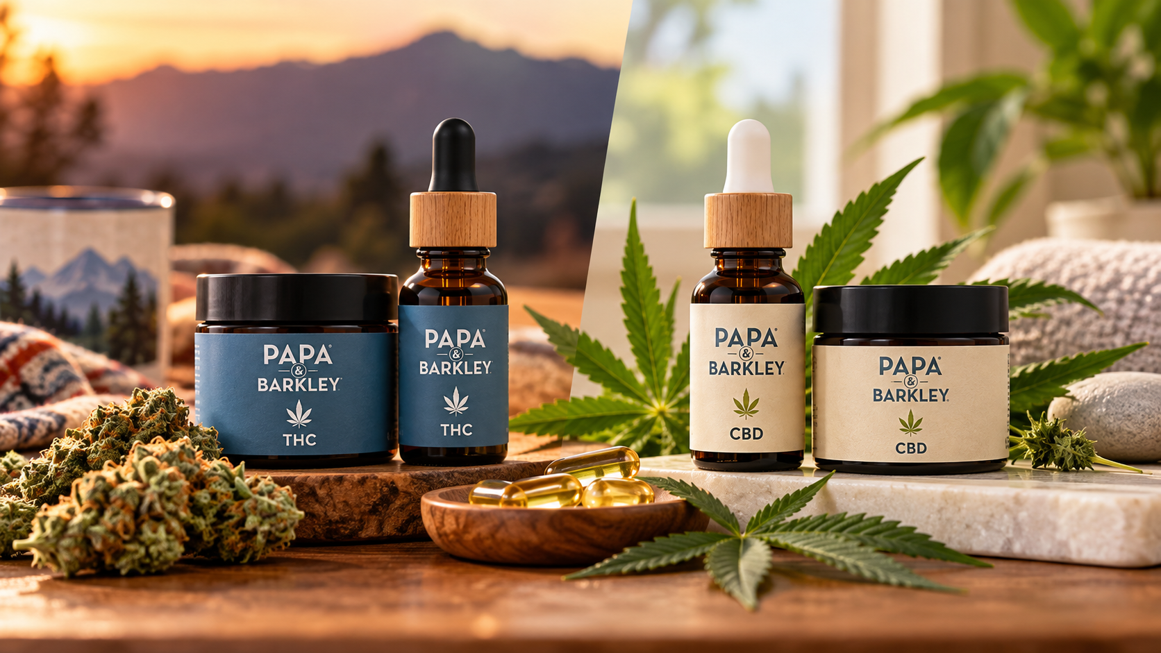 Papa & Barkley THC and CBD products displayed side by side with cannabis leaves, flower, and softgels in a warm lifestyle setting.