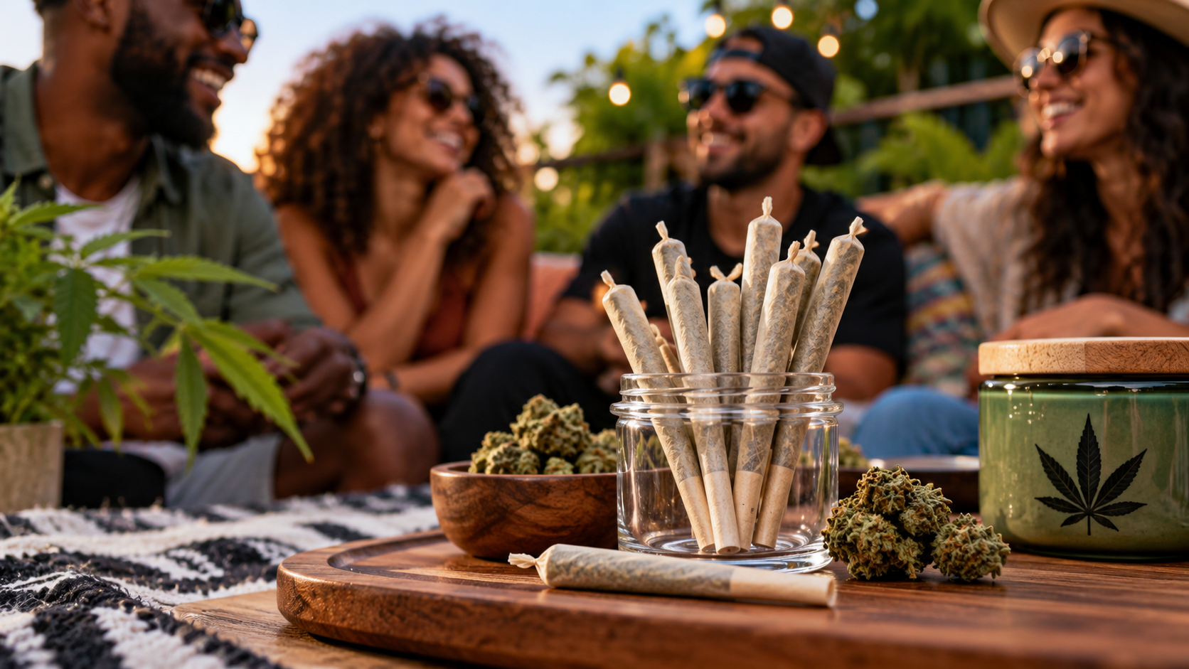 Cannabis prerolls arranged on a table during a relaxed group session with friends in the background.