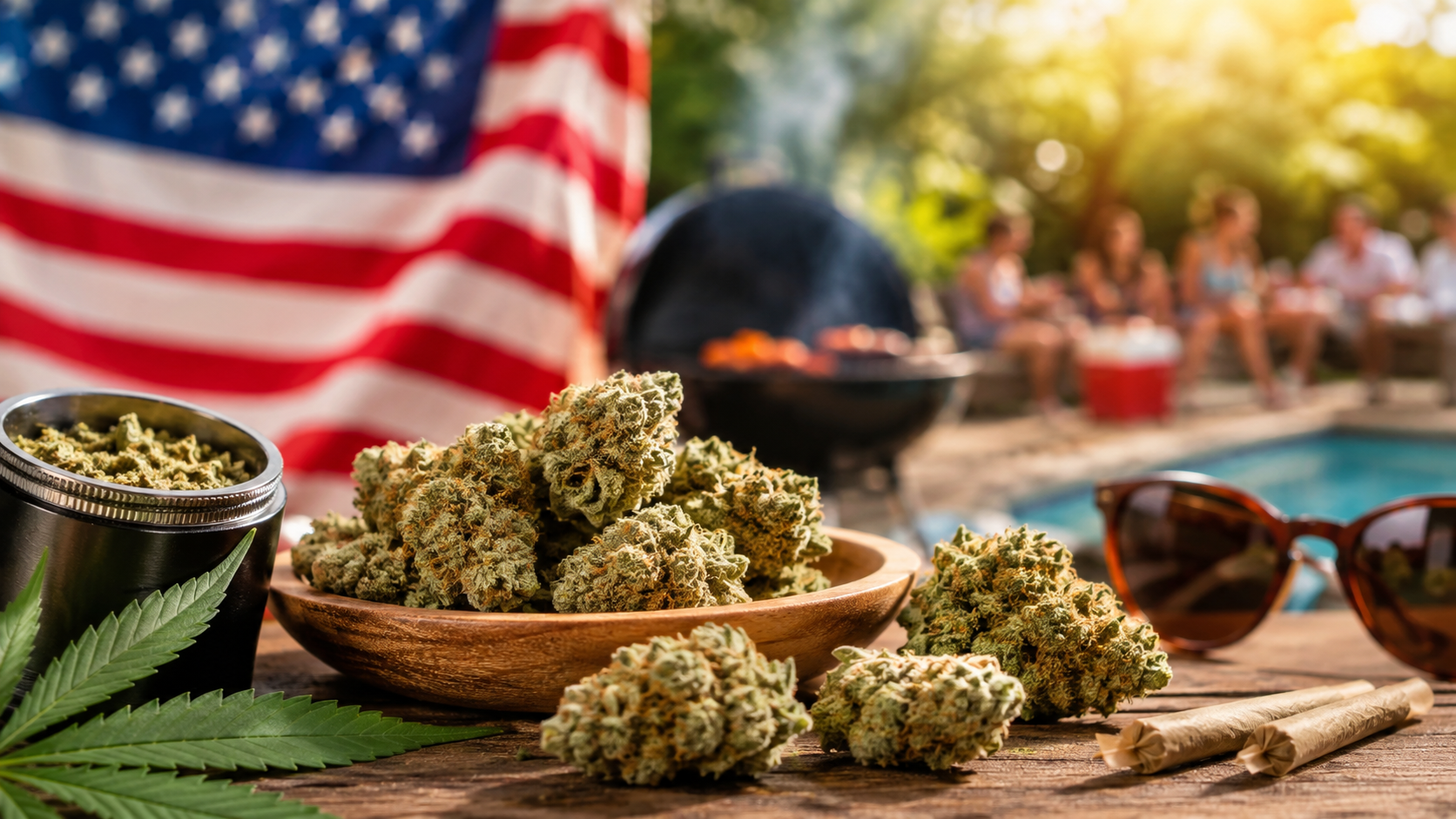 Labor Day weekend cannabis strain guide featuring cannabis buds, a grinder, and pre-rolls at a sunny outdoor gathering with an American flag.