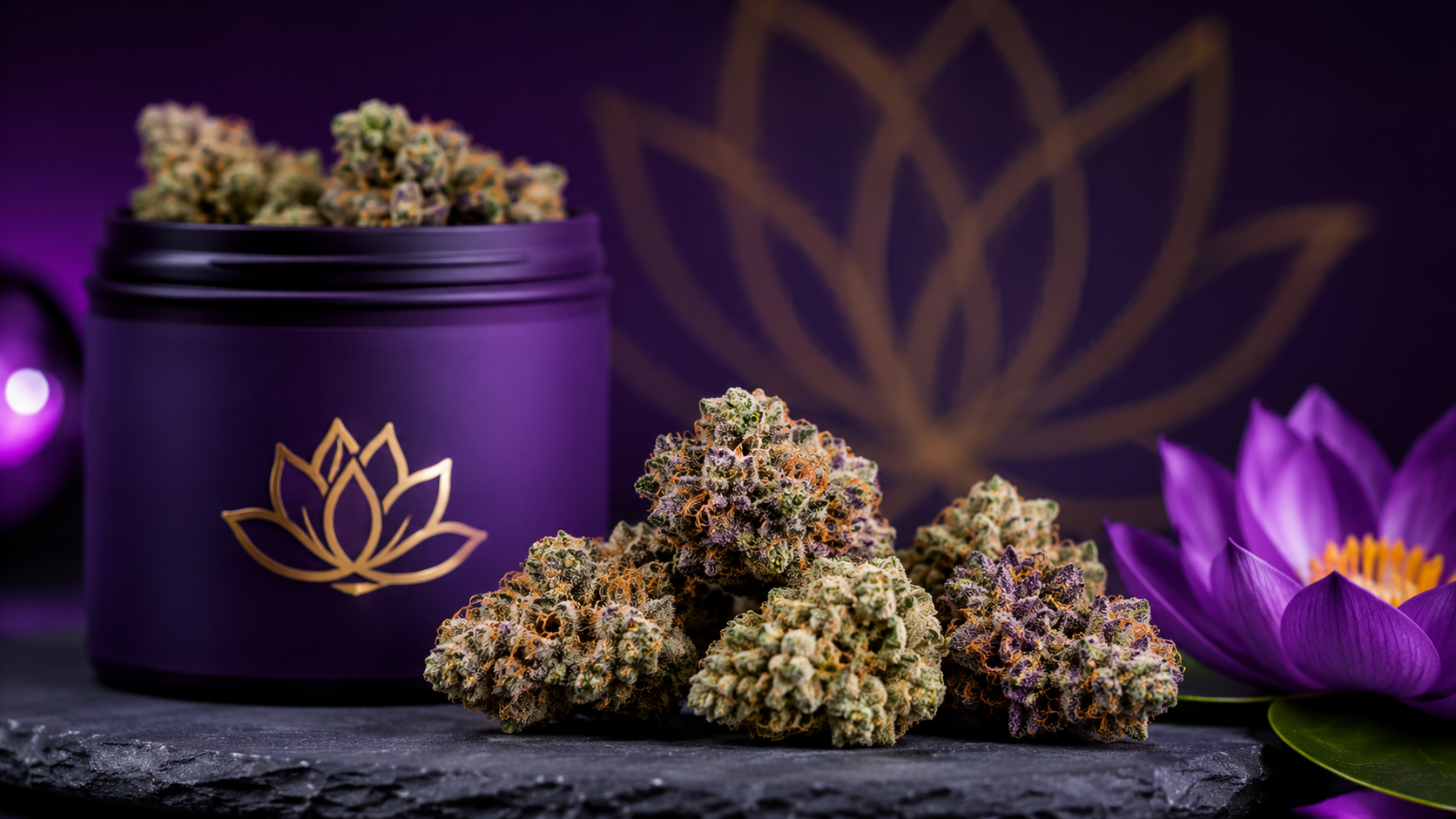 Premium cannabis flower buds with purple and green tones displayed beside a purple lotus-branded jar and purple lotus flower.