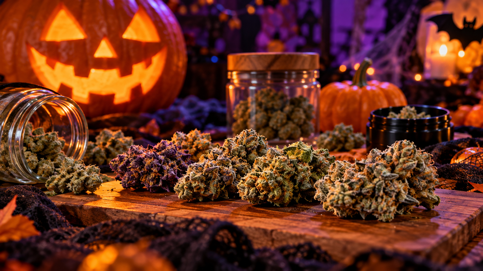 Cannabis buds in glass jars surrounded by glowing Halloween pumpkins and spooky orange and purple decorations on a wooden table.