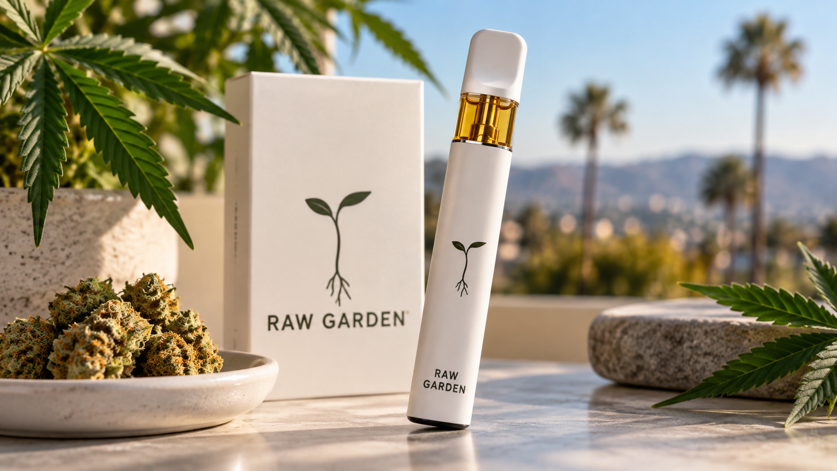 Raw Garden disposable vape displayed beside its packaging, cannabis flower, and leaves in a sunny outdoor setting.