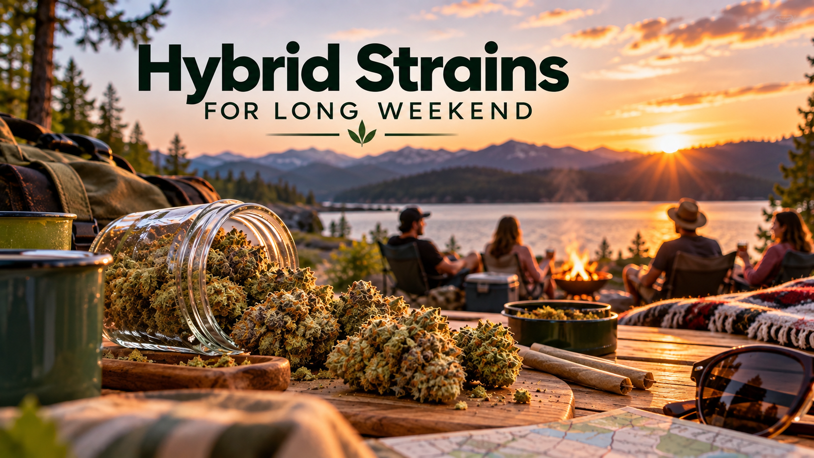 Hybrid cannabis strains for a long weekend getaway, featuring cannabis buds, camping gear, friends by a lakeside fire, and a mountain sunset.