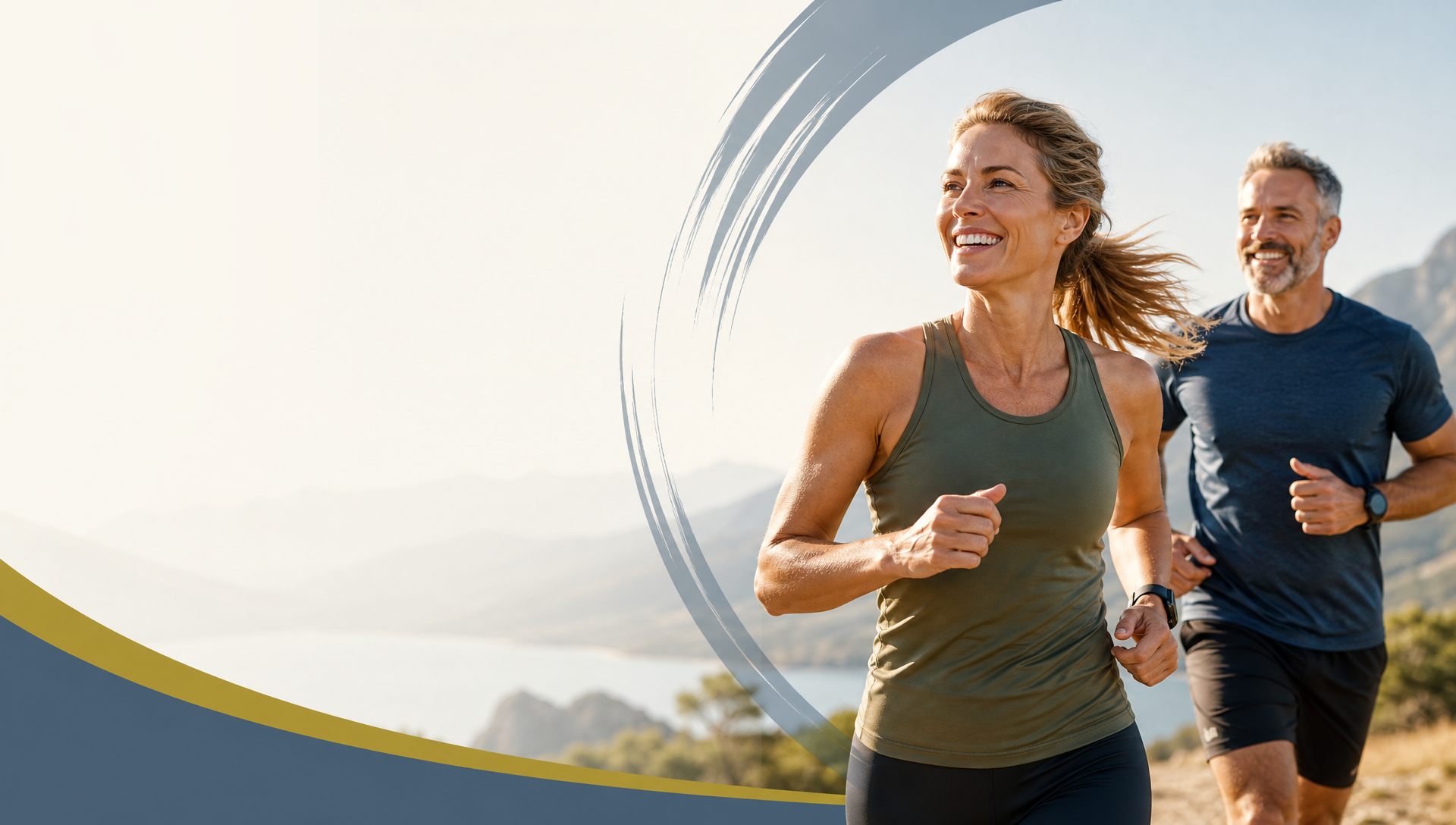 Two people running together on a coastal trail, smiling