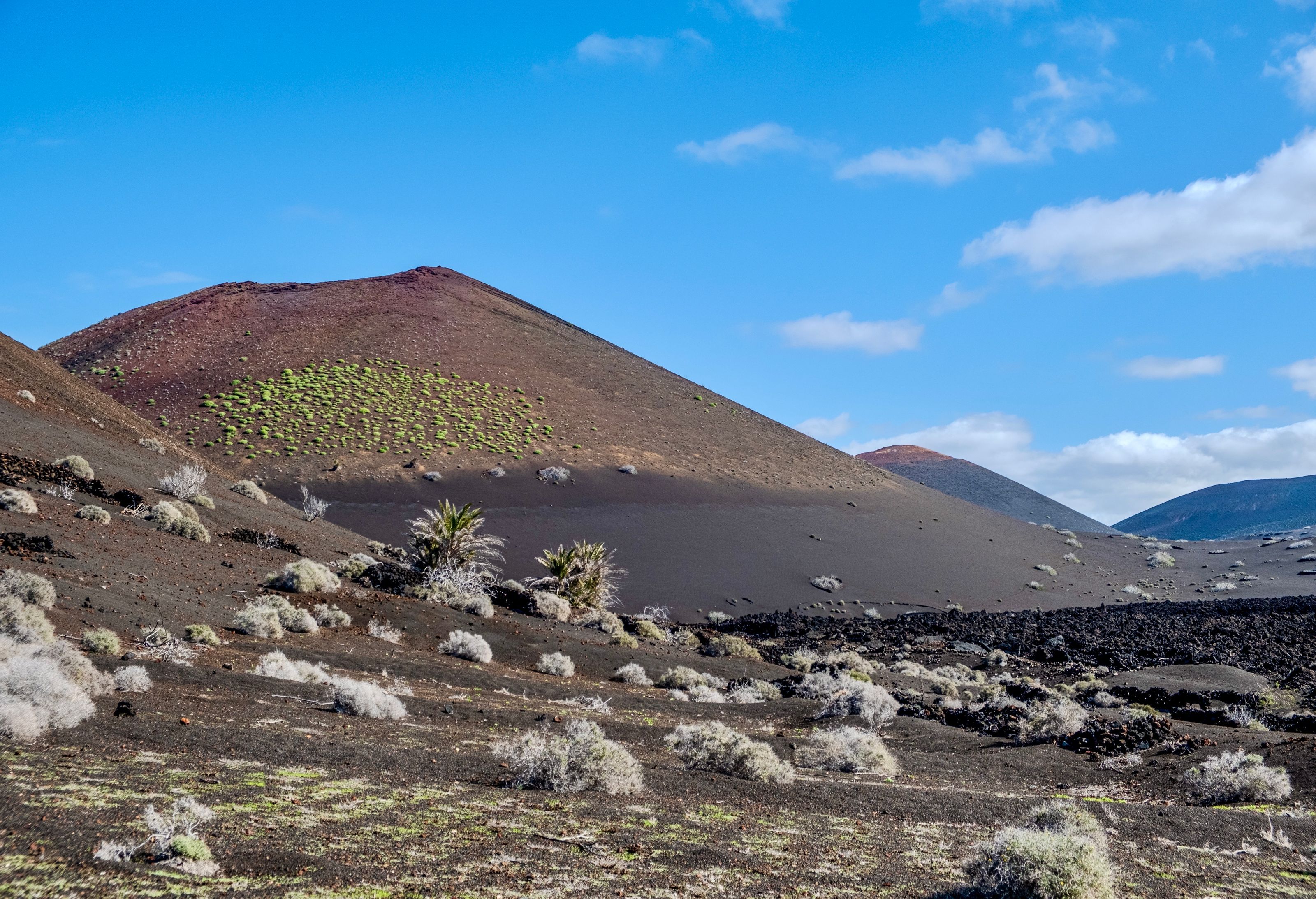 Volcanic cones and lava fields under a blue sky on Lanzarote