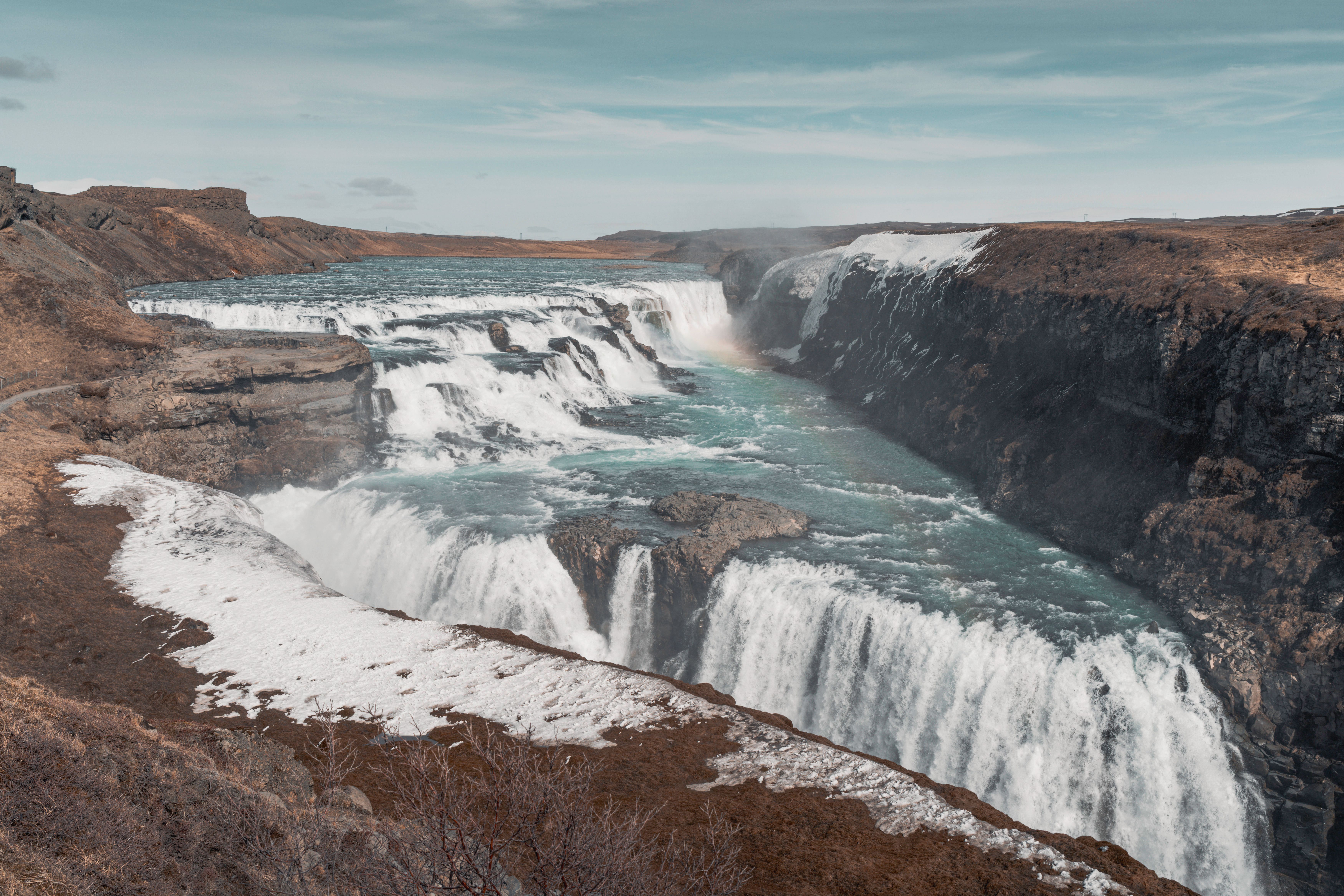 Two-tier Gullfoss waterfall dropping into a canyon