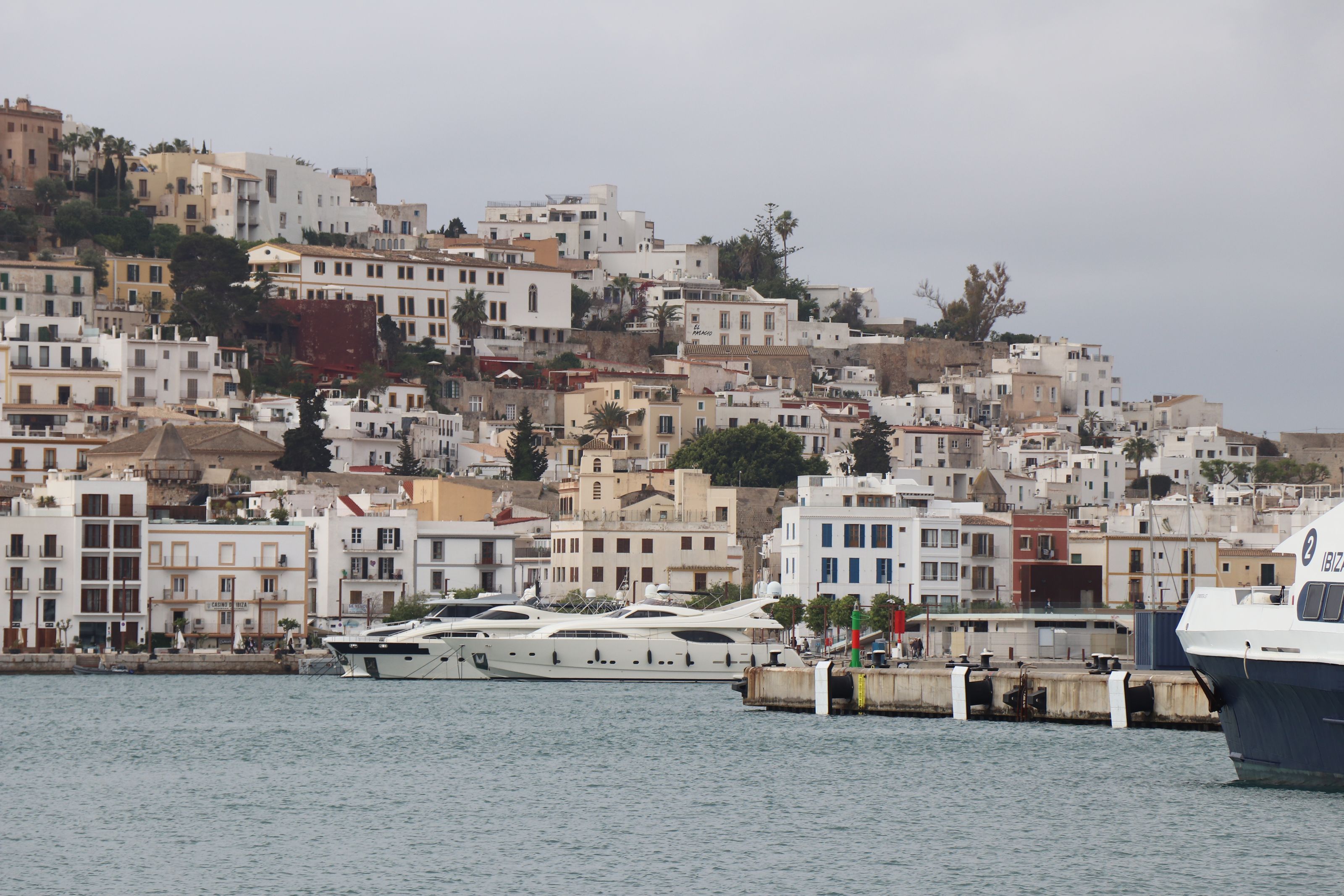 The white houses and walls of Dalt Vila rising above the harbour of Ibiza Town