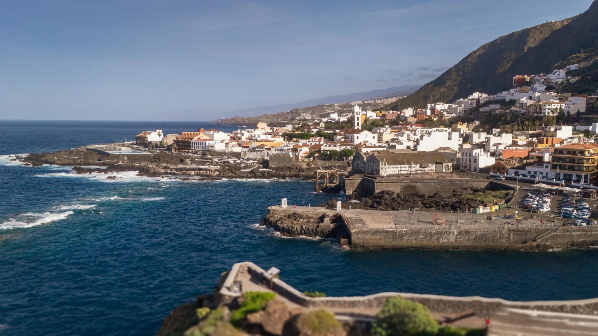 Aerial view of Garachico on the rocky north-west coast of Tenerife
