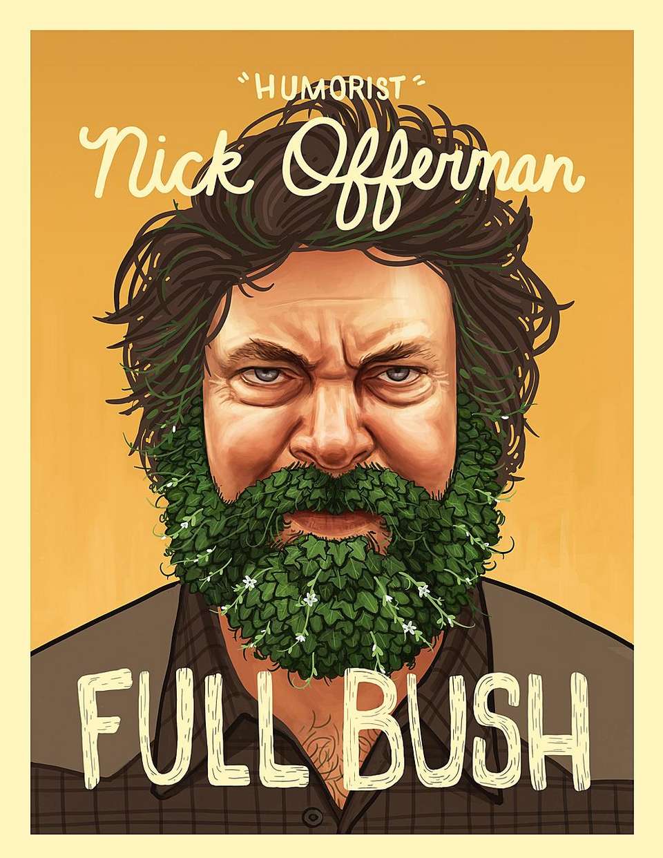 Tour Poster illustration of Nick Offerman in a brown collared shirt with a beard made of leaves.
