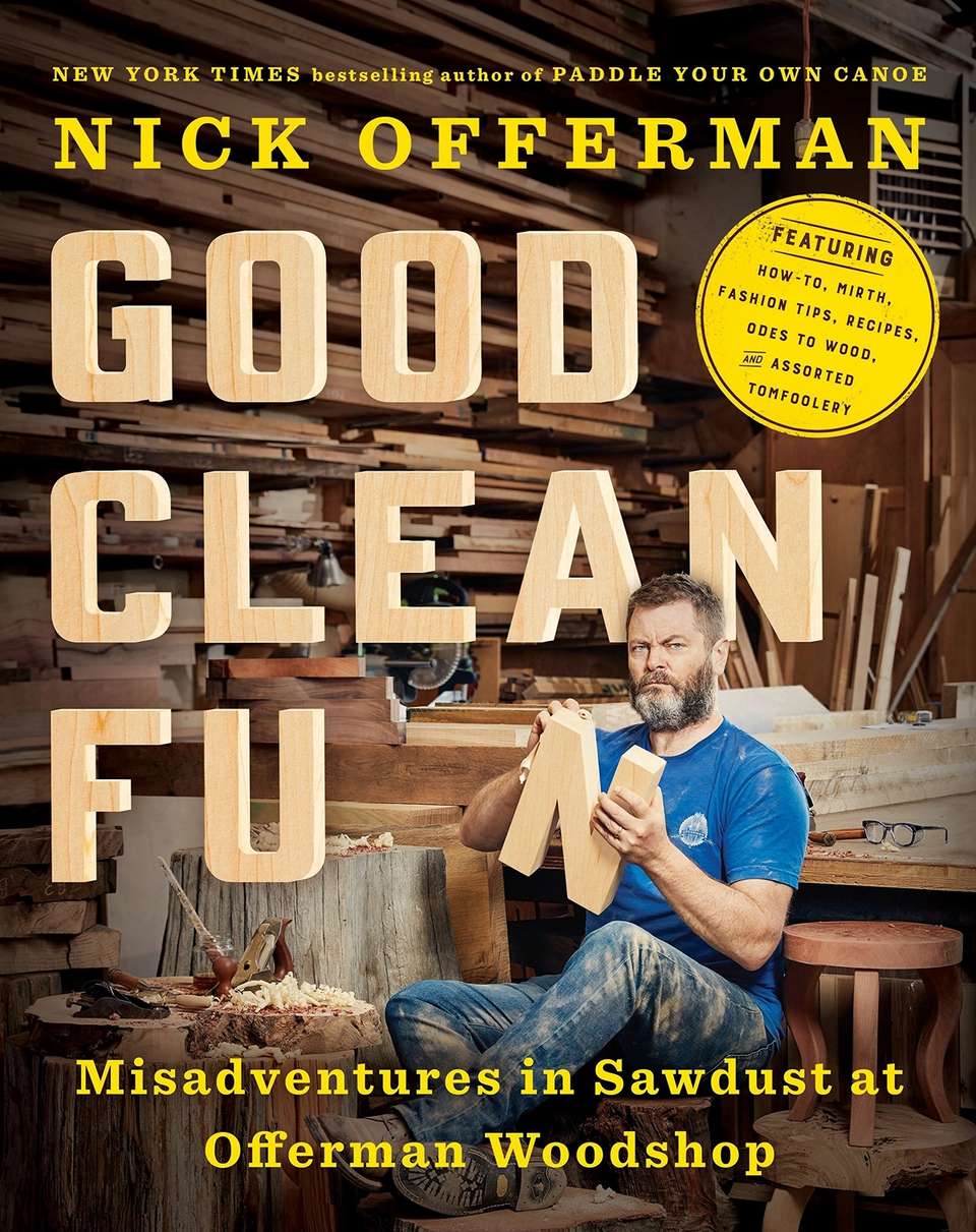 Book cover featuring Nick in the woodshop, in a blue t-shirt, sanding the letter N from the title word 'Fun'.