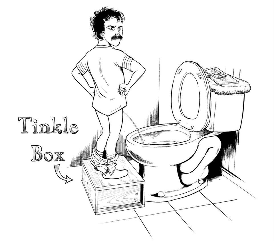 Cartoon of moustached man urinating in a toilet while standing atop a tinkle box.