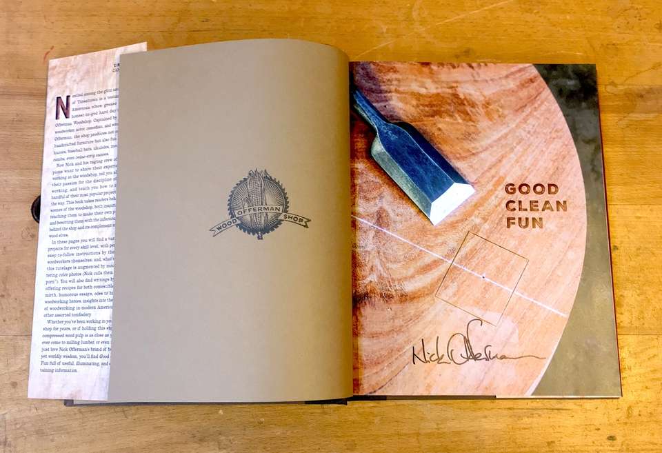 Interior title page of Good Clean Fun with Nick Offerman’s autograph, and stamp from Offerman Woodshop.