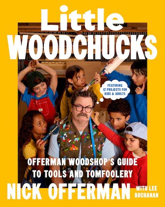 Book cover showing Nick in the woodshop surrounded by children brandishing woodworking tools.