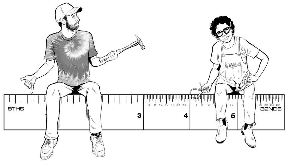 Cartoon of Matther Miccuci and RH Lee sitting on either side of a ruler. Matthew looking at Lee with confusion.