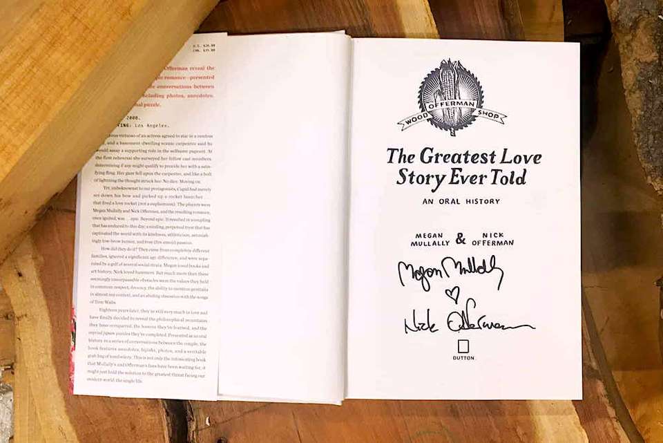 Inside title page of featuring Nick Offerman & Megan Mullally’s autographs as well as the Offerman Woodshop stamp.