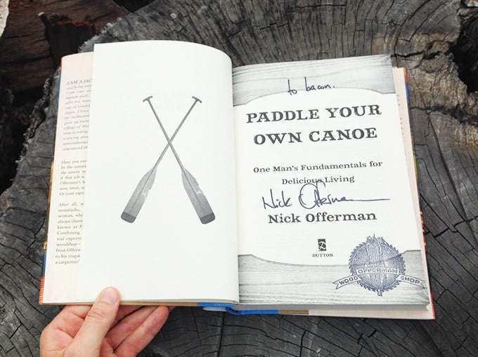 Interior title page of the book featuring Nick Offerman’s autograph and a stamp from the Offerman Woodshop.