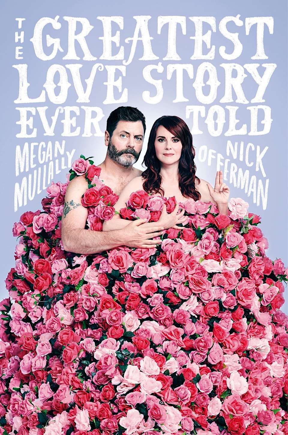 Book cover image of Nick Offerman & Megan Mullally under a blanket of pink roses.