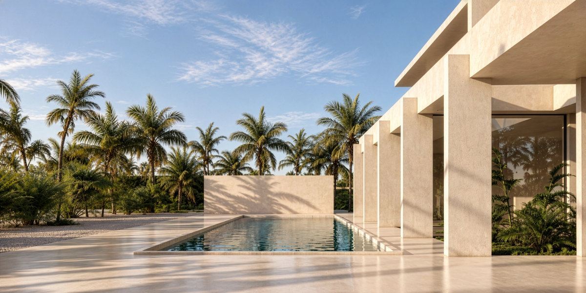 Rendering of exterior swimming pool area for villa in Abu Dhabi