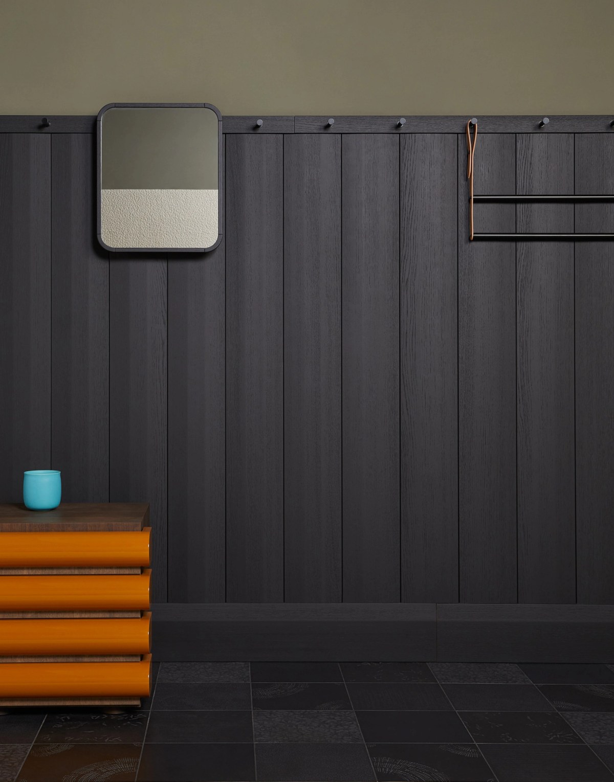 Black wooden high wall panels, coat rack, mirror and orange cabinet